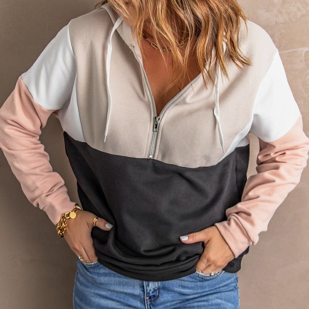 Hoodie Sweater Sweatshirt pink cotton color block quarter zip pullover